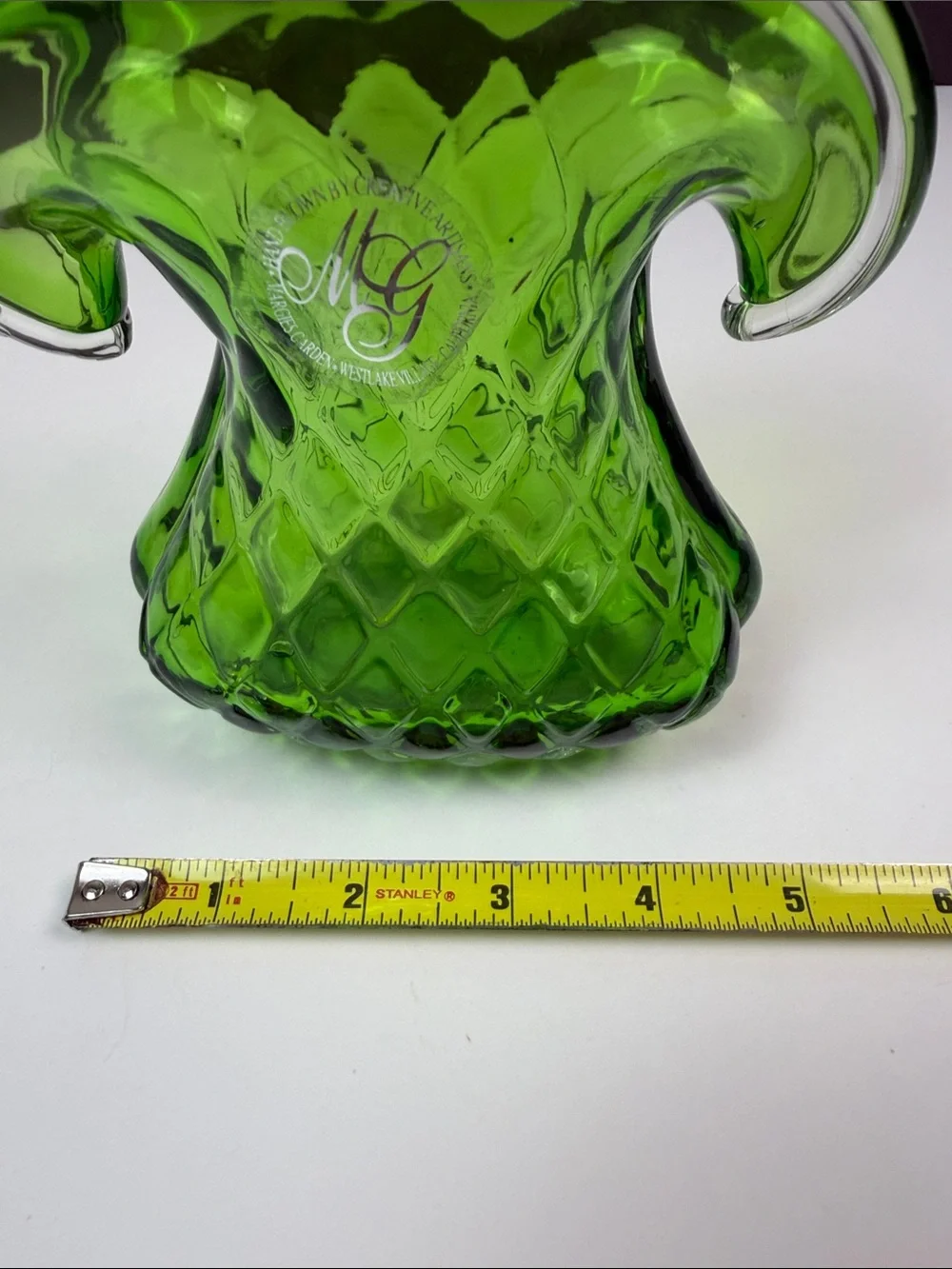 Vintage Hand Blown Green Art Glass Vase MG Creative Artisans Westlake Village